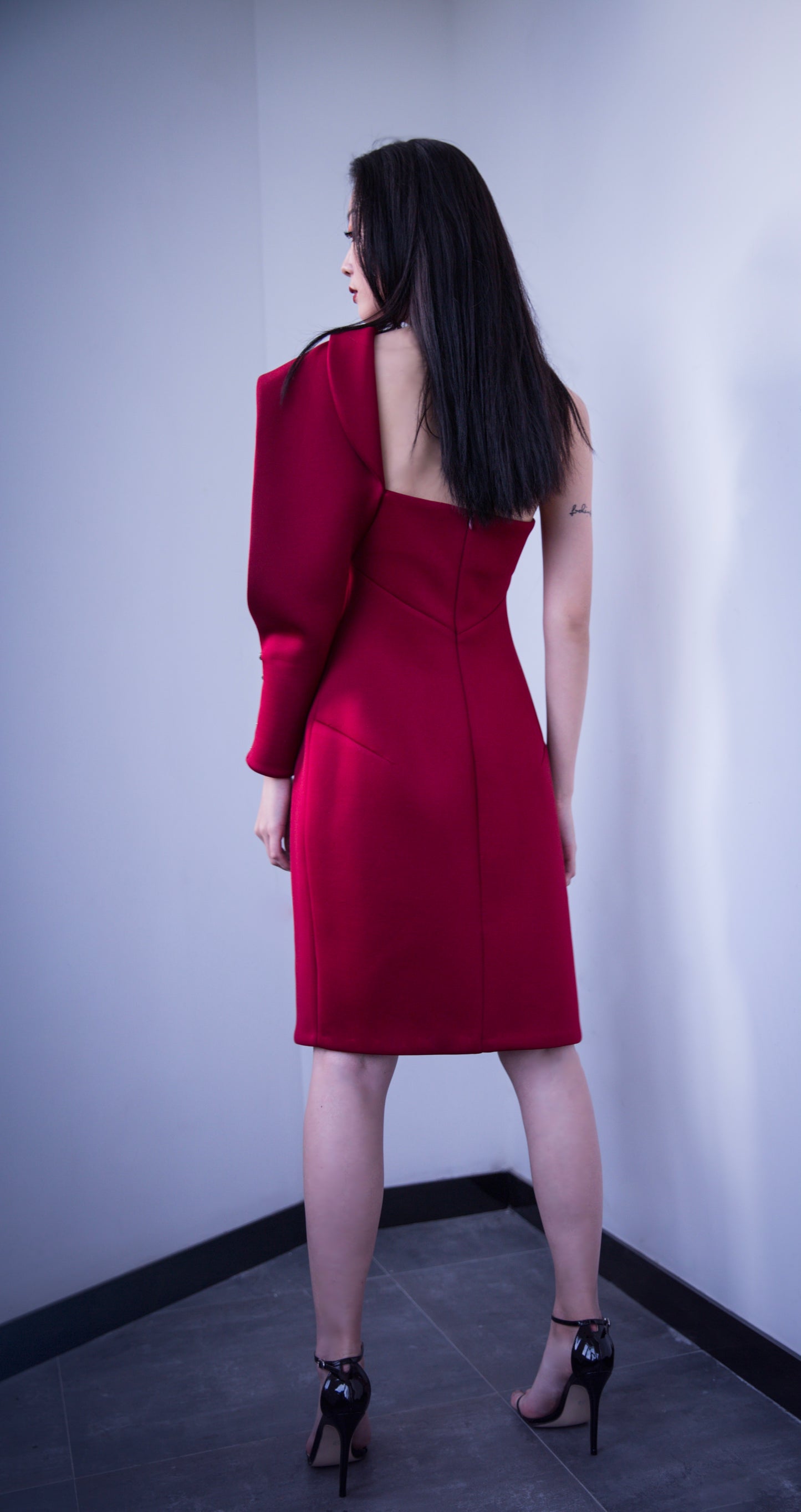 Burgundy Red Asymmetrical Neoprene Dress