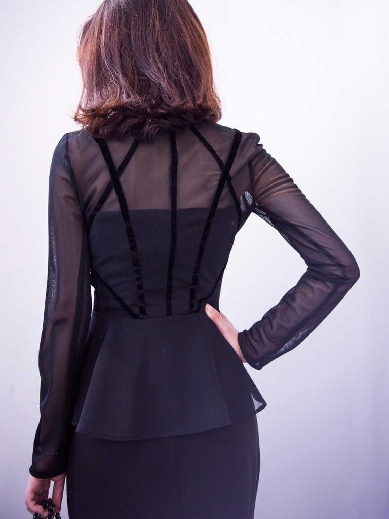 Mesh jacket with velvet embellishments