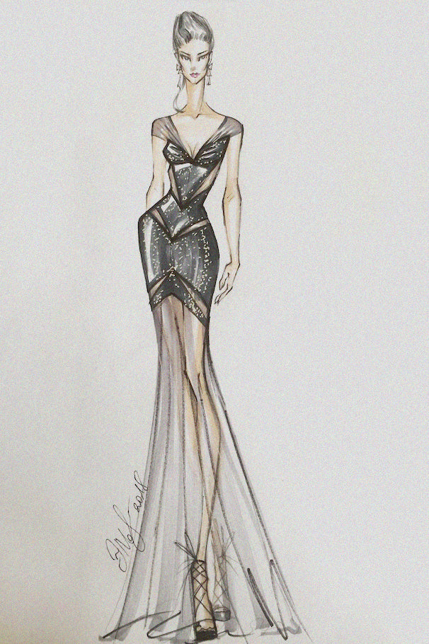 "Aliene" Sequins & Mesh Evening Gown